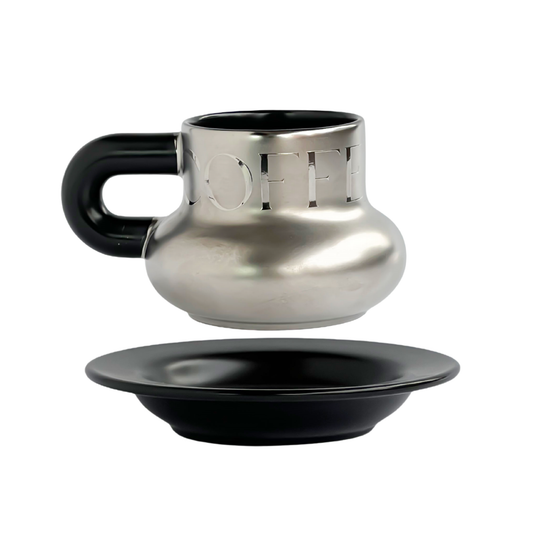 Volcanic Ash Titanium Finish Coffee Mug and Saucer Set (8 oz) | Modern Sculptural Ceramic Cup for Espresso & Latte | Unique Artisanal Home Decor & Desk Art