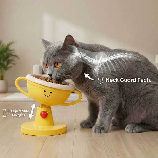 Adjustable Elevated Cat Bowl & Small Dog Feeder - 5-Level Raised Food Water Stand, 15° Tilted Neck Protection Design, Cute Trophy Shape Pet Dish, Non-Slip Feet (Available in Ceramic or ABS)