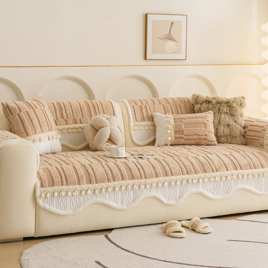 Non-Slip Plush Sofa Cover, Ultra-Soft Faux Fur Couch Cover for Pets and Kids, Machine Washable Furniture Protector with Tassel Trim, Cozy & Chic Couch Slipcover for Living Room