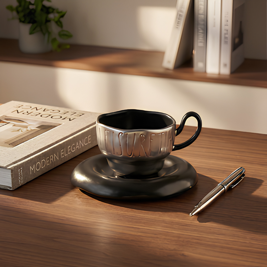 Volcanic Ash Titanium Finish Coffee Mug and Saucer Set (8 oz) | Modern Sculptural Ceramic Cup for Espresso & Latte | Unique Artisanal Home Decor & Desk Art